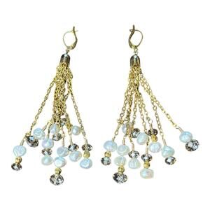 Gold Tassel Dangle Earrings – Faux Pearl & Crystal Beads,‎ Statement Jewelry